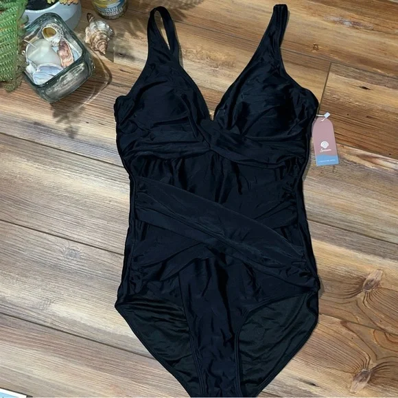 Women’s One Piece Black Swimsuit Ruching Criss Cross Adjustable Straps Sz M - Picture 2 of 9